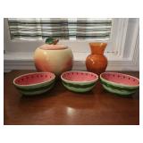 Apple Canister and 3 Watermelon Bowls