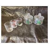2 Holiday Themed Cookie Jars and 3 Shot Glasses