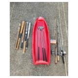 Sled, Fishing Poles, Ball Bats