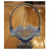 Vtg Marked Fenton Blue Opalescent Basket