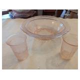 Pink Depression Glass Bowl & 2 Glasses