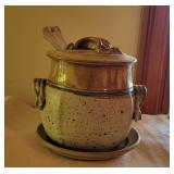 Signed Handmade Pottery Soup Toreen w/ Ladel