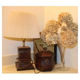 Vtg Wooden Table Lamp/ Box/ Trash Can/ & Vase