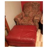 Corinthian Armchair & Red faux Leather Ottoman Set