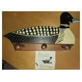 Hand-Painted Wooden Loon Peg Rack, Signed 1986