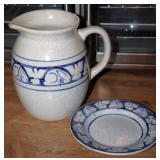 Blue & White Dedham Pottery Pitcher & Plate