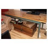 Wooden Table w/Green Painted Base & Natural Finish