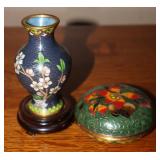Cloisonne Vase and Lidded Bowl on Stand Set