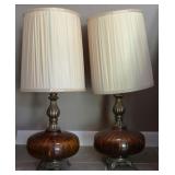 Vintage Amber Glass & Brass Base Table Lamps