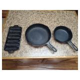 2 Cast Iron Skillets & 1 Cornbread Pan