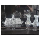 Crystal Butter Dish and Two Candleholders