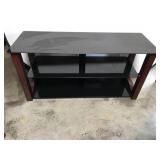 Three-Tier Black Glass and Wood Media Console