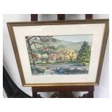 Framed Landscape Watercolor Painting by E. Rawle