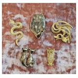 5 Gold Tone Animal Brooch Pins