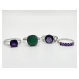 925 Purple & Green Gemstone Rings (4) Sz 12