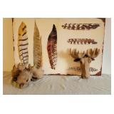 Pair of Moose Heads & Western Themed Feather Print