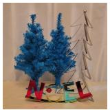 2 Bright Blue Trees & Metal Tree