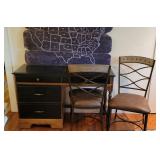 Desk & 2 Matching Chairs & Wooden Map