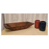 Wooden Dough Bowl & 2 Metal Lanterns