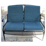 Black Metal Patio Love Seat (Blue Cushions)