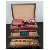 Wooden Jewelry Box & Contents