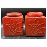 Red Ceramic Tea Canisters with Floral Design