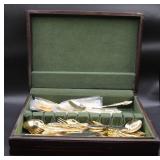44 pc Gold Plated Silverware Set w/Wooden Storage