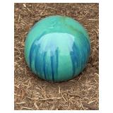 Glazed Ceramic Sphere with Blue and Green Streaks