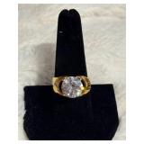Gold-Tone Ring with Large Clear Round Stone, Size