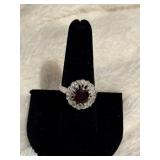 Silver-Tone Ring with Red Stone and Clear Accents,