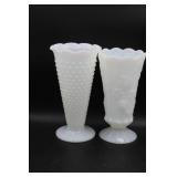 White Milk Glass Vases with Distinct Patterns