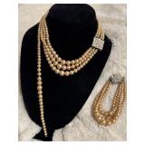 Gold-Toned Multi-Strand Pearl Necklace and Bracele