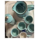 Blue Ceramic Pitcher and Cups Set With Spaghetti C