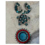 Rhinestone Earrings and Brooch Set in Blue and Red