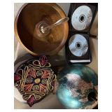 Lot: Globe, Clock, CDs, Wood Bowl, and Decor Item