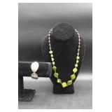 Green Beaded Necklace and Metal Bracelet