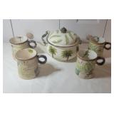Palm Grove Hand Painted Tea Kettle plus Mugs