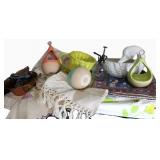 Vntg Linens, Planters, BIrd Feeders ++