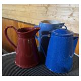 Vtg Enameled Coffee Pot & Two PitchersLargest Pit