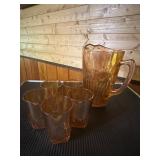Vtg Amber Carnival Glass Pitcher With Glasses9" t