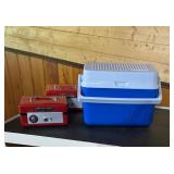 2 Vtg Red Cash Boxes and Blue Rubbermaid CoolerCo