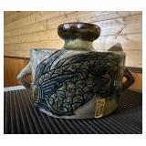 Vtg Japanese Pottery Sake Decanter with Fish6×4.5