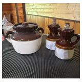 Vtg Brown and White Ceramic Bean Pot & Vinegar/Oil