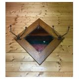 Vtg Wood Tiger Oak Framed Mirror With Hooks16×16