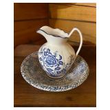 Vtg Blue and White Ceramic Pitcher Set