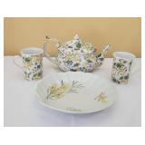Limoges Floral Teapot, Mugs, and Platter Set Limoges Floral Teapot, Mugs, and Platter Set