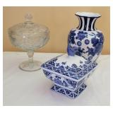 Blue and White Dish, Vase, and Candy Dish Blue and White Dish, Vase, and Candy Dish