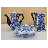 Blue and White Bombay Floral Dish and Two Pitchers Blue and White Bombay Floral Dish and Two Pitchers