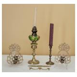 Hand-Painted Green Glass Oil Lamp and Brass Decor Hand-Painted Green Glass Oil Lamp and Brass Decor