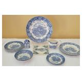 Blue Delft Trivet and English Village Dish Set Blue Delft Trivet and English Village Dish Set